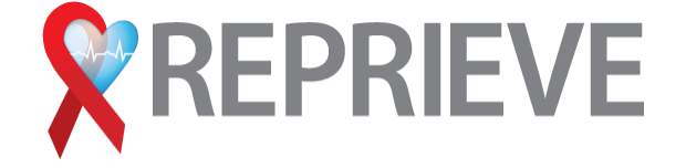 A red ribbon with a blue heart overlay and the word, "reprieve."