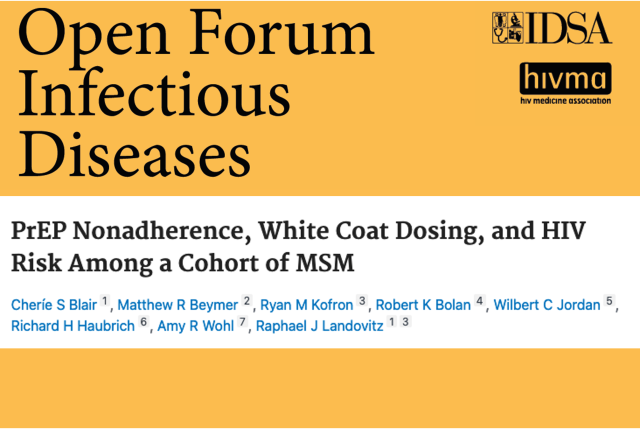 A masthead for a journal article titled, "PrEP Nonadherence, White Coat Dosing, and HIV Risk Among a Cohort of MSM."
