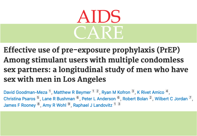 A masthead for a journal article titled, "Effective Use of Pre-Exposure Prophylaxis (PrEP) Among Stimulant Users With Multiple Condomless Sex Partners: A Longitudinal Study of Men Who Have Sex With Men in Los Angeles"