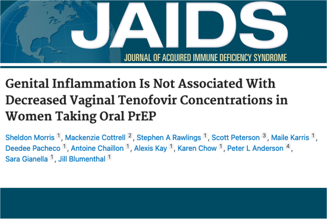 A masthead for a journal article titled, "Genital Inflammation Is Not Associated With Decreased Vaginal Tenofovir Concentrations in Women Taking Oral PrEP "