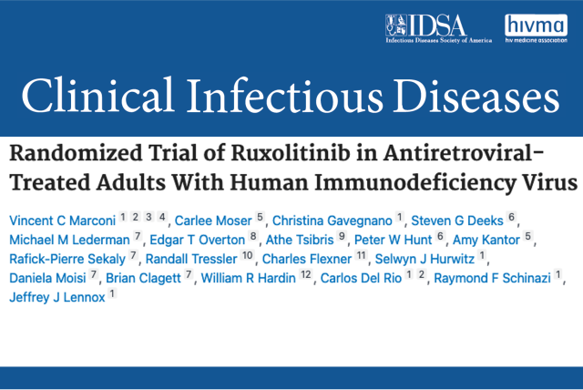 A masthead for a journal article titled, " Randomized Trial of Ruxolitinib in Antiretroviral-Treated Adults With Human Immunodeficiency Virus "