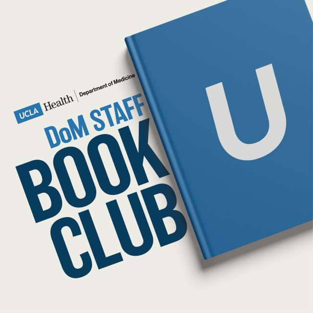 UCLA Health Department of Medicine graphic with the text "DoM Staff Book Club" on a sandy background