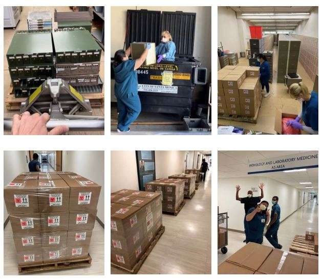The different stages of the Stanford Warehouse Project from clean up to packing for disposal