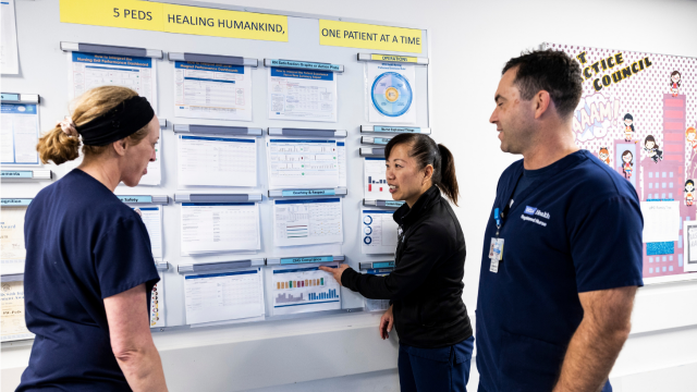Three nurses conversing a wall-mounted nursing project.
