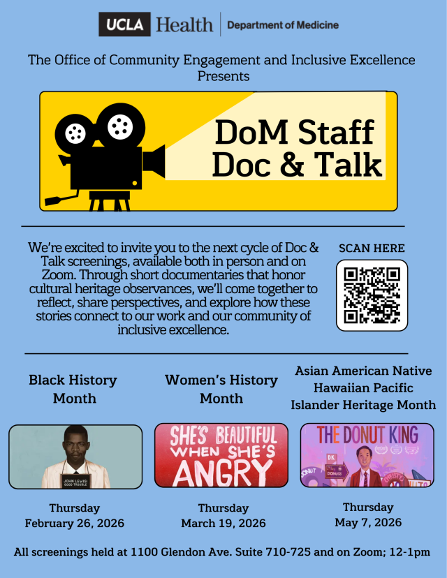 Event flyer for DoM Staff Doc & Talk, featuring upcoming documentaries scheduled and dates.