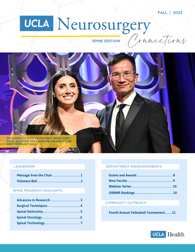 UCLA Neurosurgery Spine Edition cover shows Dr. Daniel Lu with patient Erika Kort at the 2023 Visionary Ball award ceremony.
