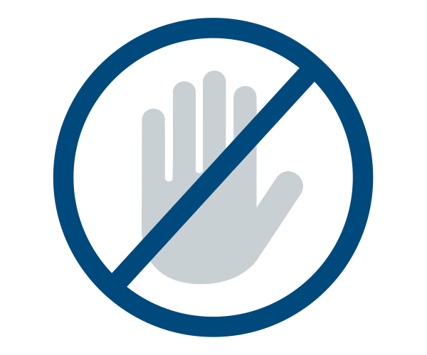 Burn Prevention - light gray, stylized open hand, facing forward, is centered within a dark blue circle with a diagonal line indicating prohibition.