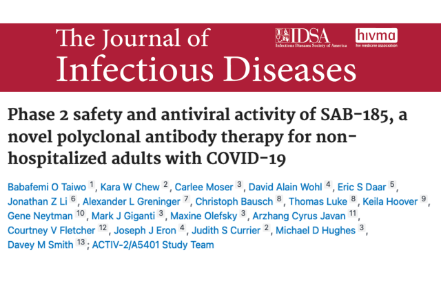 A masthead for a journal article titled, "Phase 2 safety and antiviral activity of SAB-185, a novel polyclonal antibody therapy for non-hospitalized adults with COVID-19 "