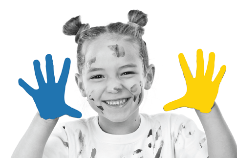 Smiling child with paint on face holds up hands colored blue and yellow.