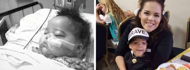 Baby Jackson Verner with breathing tube in hospital bed; later smiling with mom while wearing a "BRAVE" cap.