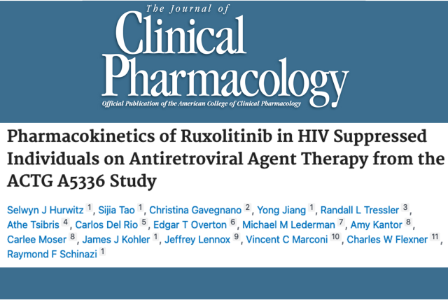 Masthead for article on ruxolitinib pharmacokinetics in HIV-suppressed individuals on antiretroviral therapy from ACTG A5336 study.