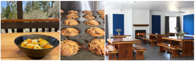 Big Bear Meals - A fruit salad in an outdoor deck, recently baked muffins, and a room with a fireplace, tables and benches to eat.