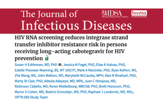 Masthead for journal article titled, "HIV RNA screening reduces integrase strand transfer inhibitor resistance risk in persons receiving long-acting cabotegravir for HIV prevention"