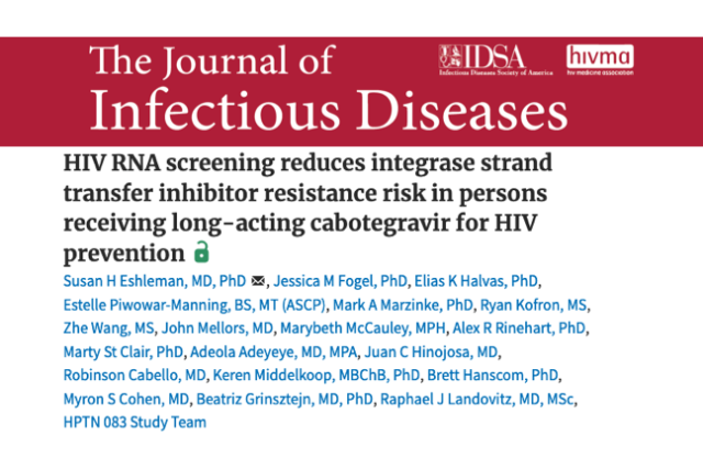 Masthead for a journal article titled "HIV RNA Screening Reduces Integrase Strand Transfer Inhibitor Resistance Risk in Persons Receiving..."