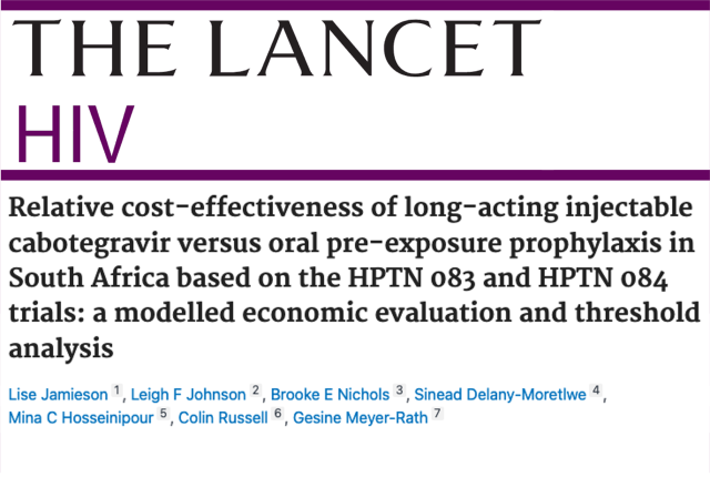 Masthead for a journal article titled "Relative cost-effectiveness of long-acting injectable cabotegravir versus oral pre-exposure prophylaxis..."