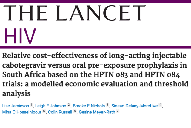 A masthead for a journal article titled, "Relative cost-effectiveness of long-acting injectable cabotegravir versus oral pre-exposure prophylaxis in South Africa based on the HPTN 083 and HPTN 084 trials: a modelled economic evaluation and threshold analysis"