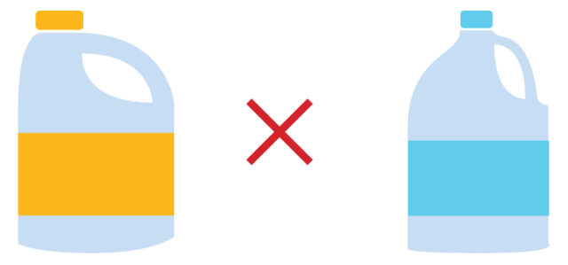 Burn Prevention - An illustration shows a yellow bleach bottle and a blue vinegar bottle, with a large red X between them.