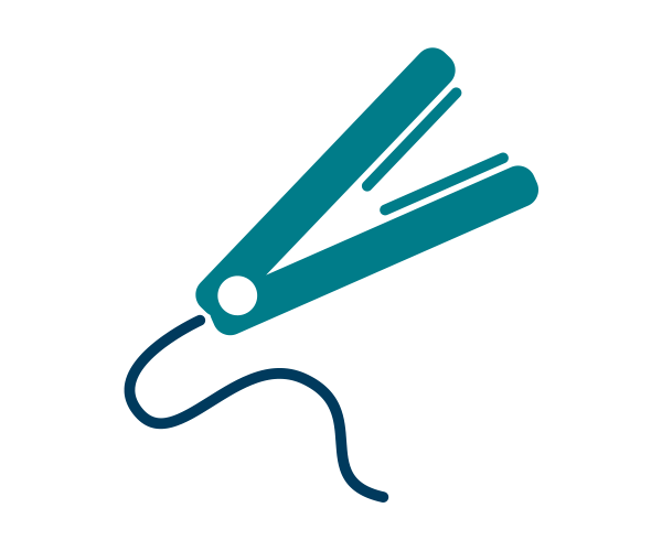 Burn Prevention - teal hair straightener, open with teal plates and a dark blue power cord extending from the handle.