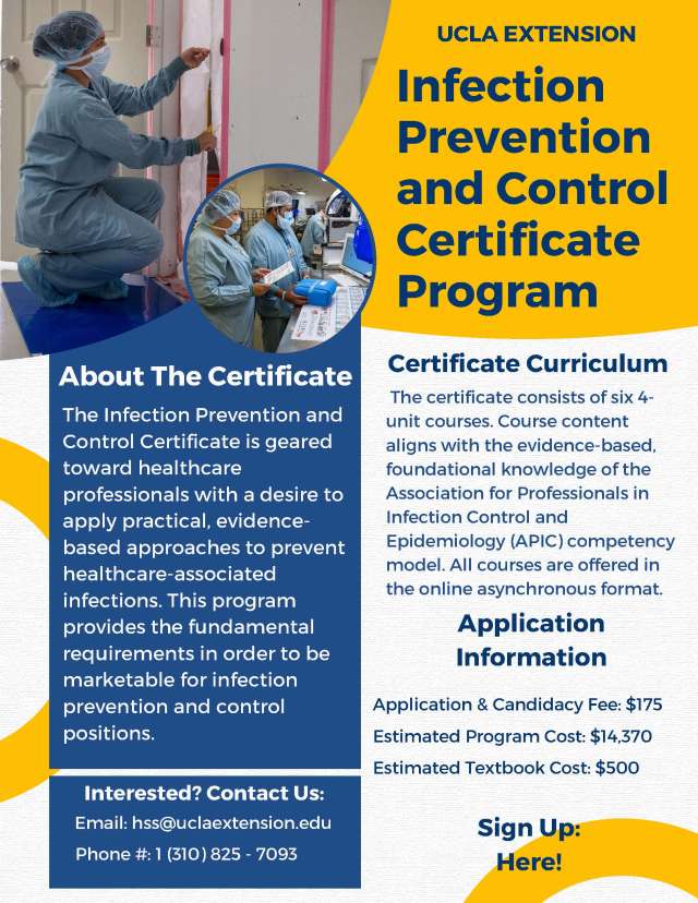 Flyer for UCLA Extension’s Infection Prevention and Control Certificate Program with details on courses, costs, and contact information.