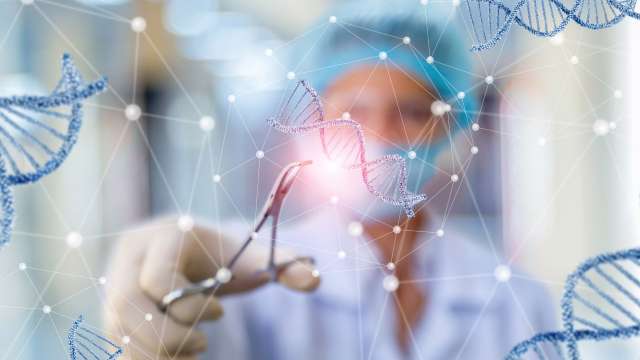 Scientist holding scissors in a lab, surrounded by DNA strands and digital elements.