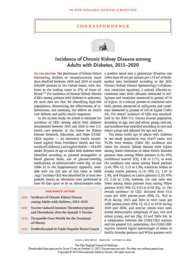 Chronic Kidney Disease among Adults with Diabetes