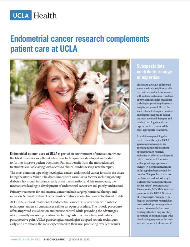 graphic for the Endometrial Cancer Research Pamphlet, with text and an image of a woman holding a dog and smiling 