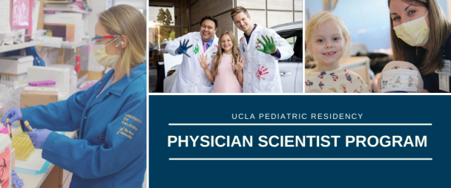 Flyer of physician scientist program. A physician handling blood samples on a lab wearing a face mask, two doctors and a patient with painted hands, and a doctor, a young girls and a stuffed toy wearing a face mask.