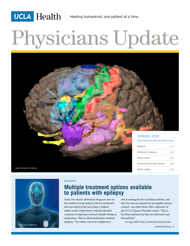 UCLA Health Physicians Update Cover - Spring 2021. Showcasing multiple treatment options available to patients with epilepsy.