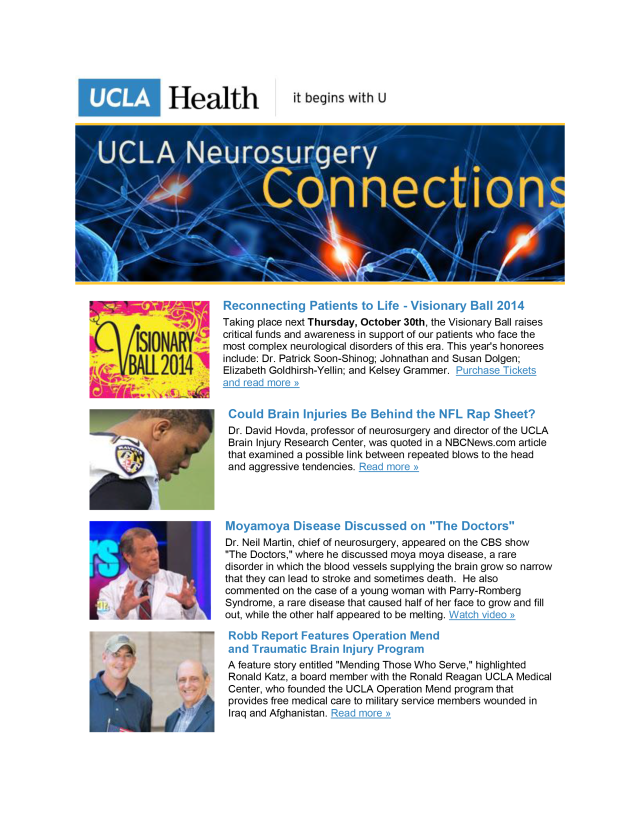 A graphic for the UCLA Neurosurgery Connections - Volume 10, featuring 4 stories