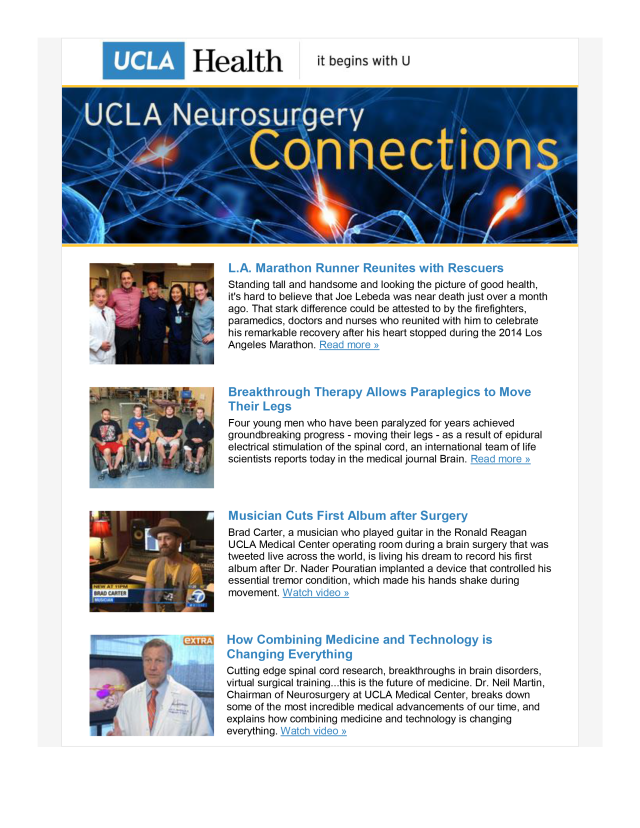 A flier for the UCLA Neurosurgery Connections - Volume 5, featuring 4 stories