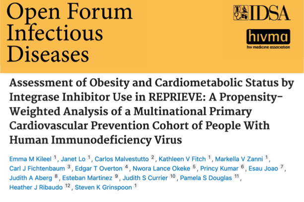 A masthead for a journal article titled, "Assessment of Obesity and Cardiometabolic Status by Integrase Inhibitor Use in REPRIEVE: A Propensity-Weighted Analysis of a Multinational Primary Cardiovascular Prevention Cohort of People With Human Immunodeficiency Virus"
