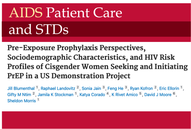 A masthead for a journal article titled, "Pre-Exposure Prophylaxis Perspectives, Sociodemographic Characteristics, and HIV Risk Profiles of Cisgender Women Seeking and Initiating PrEP in a US Demonstration Project"