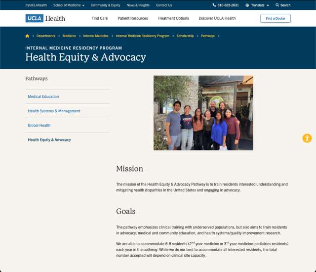 homepage of the health equity and advocacy program website