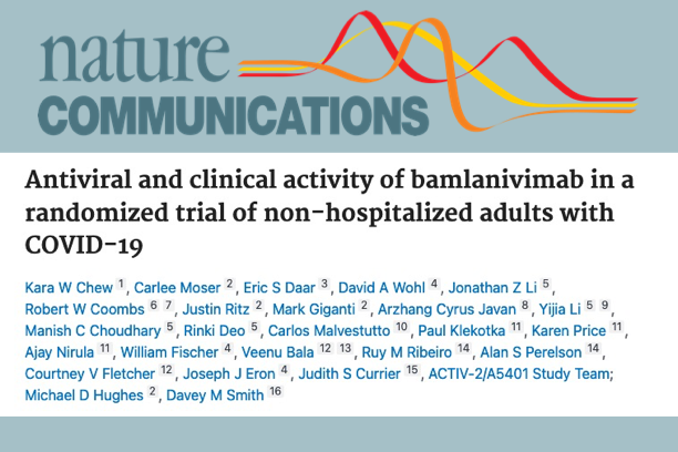 A masthead for a journal article titled, "Antiviral and clinical activity of bamlanivimab in a randomized trial of non-hospitalized adults with COVID-19 "