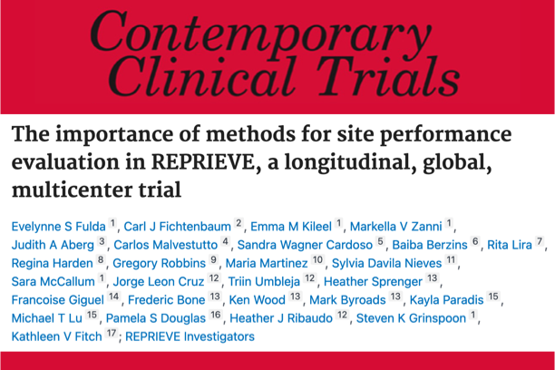 A masthead for a journal article titled, "The importance of methods for site performance evaluation in REPRIEVE, a longitudinal, global, multicenter trial"