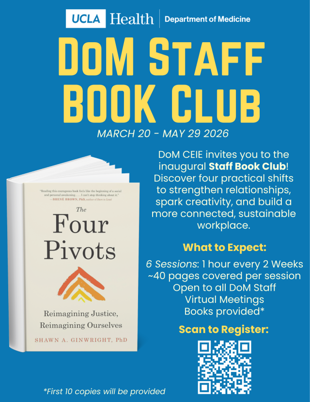 Announcement for DOM Staff Book Club featuring "Four Pivots" on a blue background.