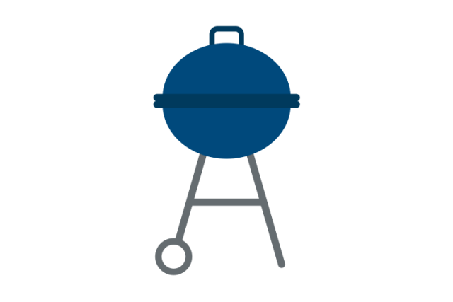 Burn Prevention - A simple, dark blue kettle-style barbecue grill with a lid handle, a circular body, and two gray legs, one with a wheel.