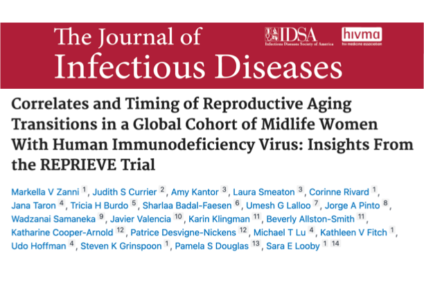 A masthead for a journal article titled, "Correlates and Timing of Reproductive Aging Transitions in a Global Cohort of Midlife Women With Human Immunodeficiency Virus: Insights From the REPRIEVE Trial "