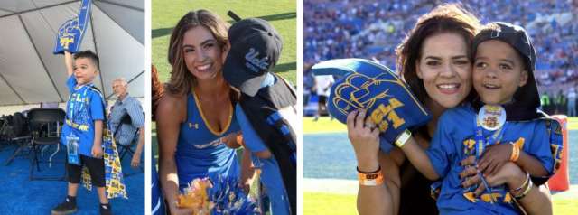 Jackson Verner in UCLA gear holds foam finger, meets cheerleader, and hugs smiling woman at stadium event.