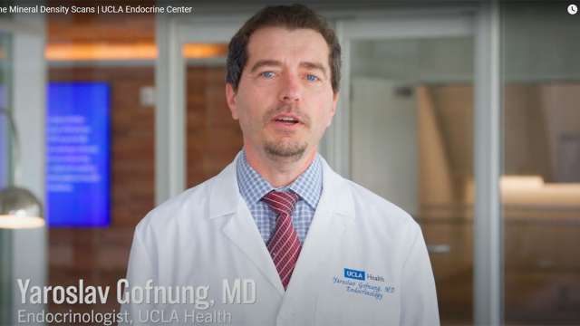 A computer uses the scan to calculate the T-score, which helps doctors understand how dense your bones are, says endocrinologist Yaroslav Gofnung, MD.
