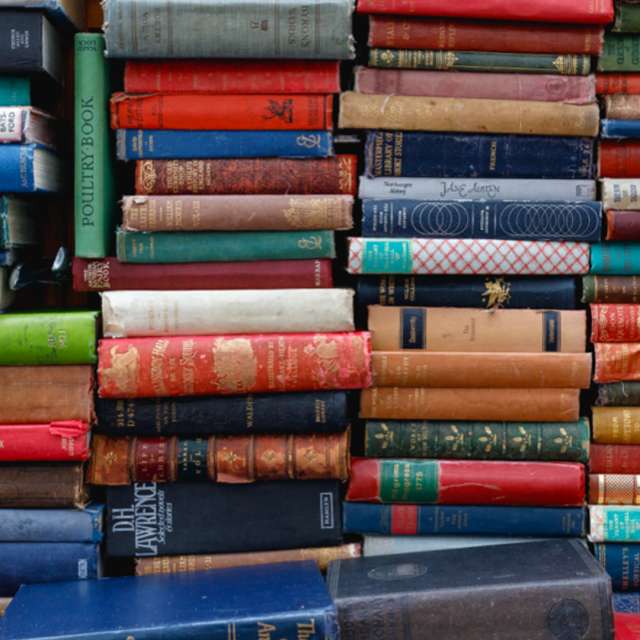 Four columns of stacked books of various colors