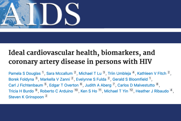 A masthead for a journal article titled, "Ideal cardiovascular health, biomarkers, and coronary artery disease in persons with HIV"