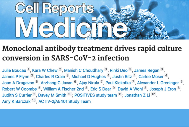 A masthead for a journal article titled, "Monoclonal antibody treatment drives rapid culture conversion in SARS-CoV-2 infection "