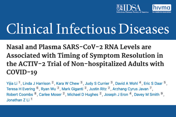 Masthead for an article titled "Nasal and Plasma SARS-CoV-2 RNA Levels...in the ACTIV-2 Trial of Non-hospitalized Adults with COVID-19."