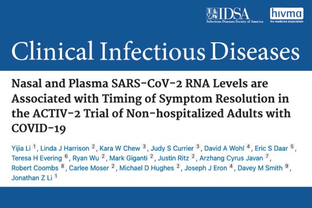 A masthead for a journal article titled, "Nasal and Plasma SARS-CoV-2 RNA Levels are Associated with Timing of Symptom Resolution in the ACTIV-2 Trial of Non-hospitalized Adults with COVID-19 "