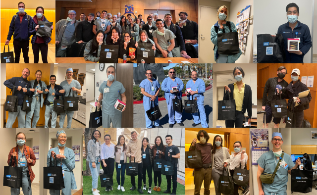 UCLA Health staff from various departments smile while holding appreciation gift bags, celebrating team spirit and recognition.