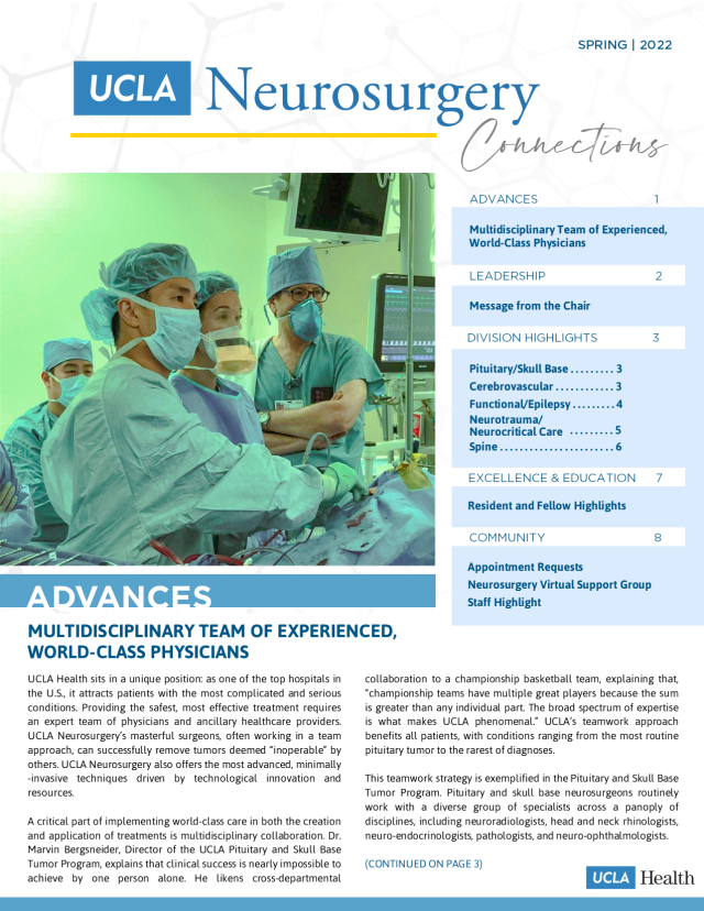 Cover for the neurosurgery connections, with text and several medical professionals performing a surgery.