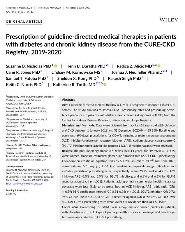 Prescription of guideline-directed medical therapies in patients with diabetes and chronic kidney disease from the CURE-CKD Registry, 2019-2020