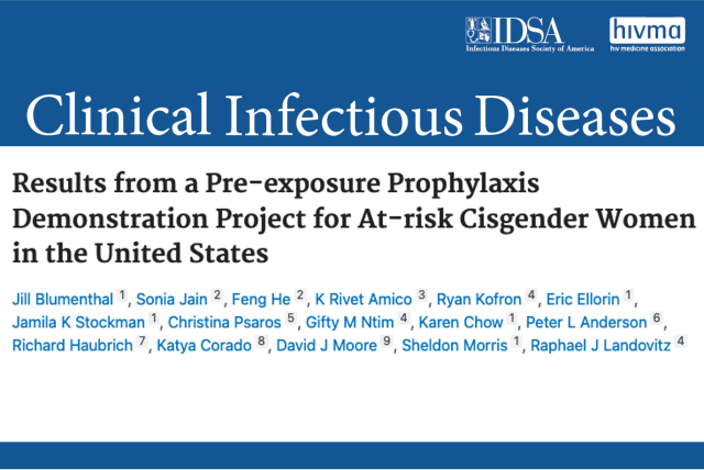 A masthead for a journal article titled, "Results from a Pre-exposure Prophylaxis Demonstration Project for At-risk Cisgender Women in the United States"