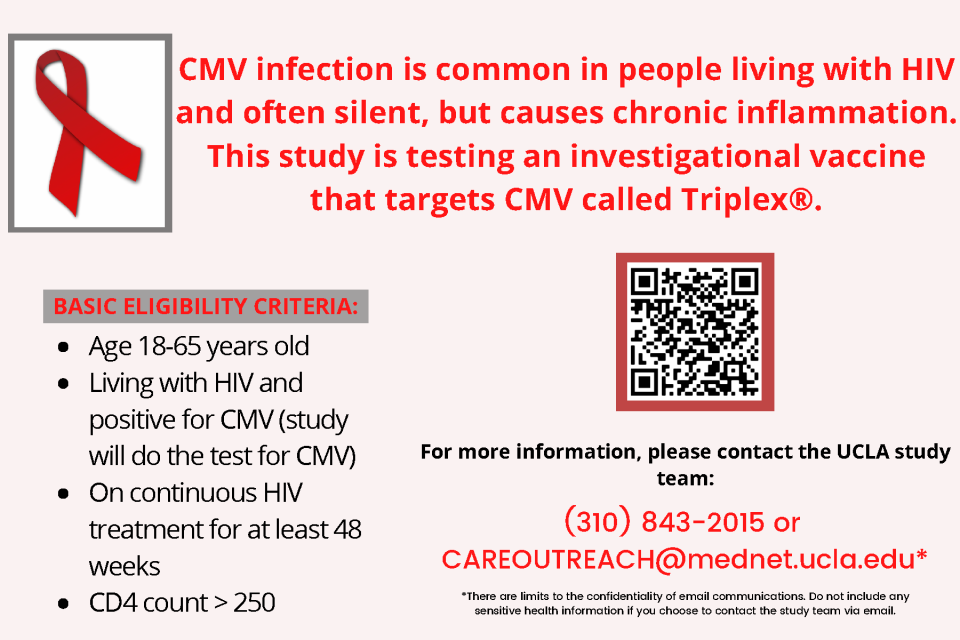CMV infection is common in people living with HIV and often silent, but causes chronic inflammation. This study is testing an investigational vaccine that targets CMV called Triplex®. 